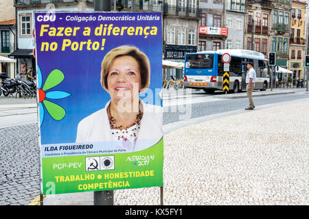 Porto Portugal,historical center,Praca Gomes Teixeira,political campaign,poster,municipal elections,Ilda Figueiredo,coalition candidate,Portuguese Com Stock Photo