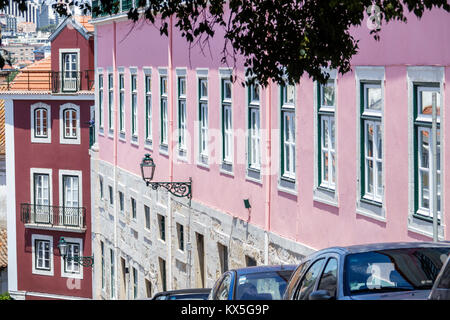 Lisbon Portugal,Castelo quarter,Costa do Castelo,building,windows,inclined street,slope,Hispanic Latin Latino ethnic minority,immigrant immigrants,vis Stock Photo
