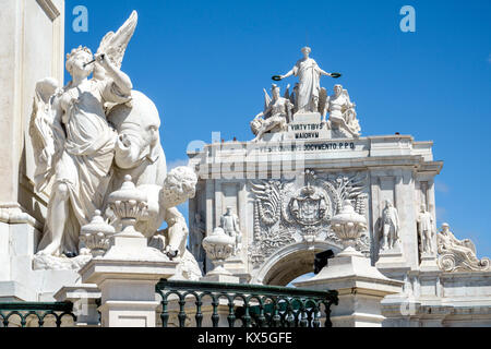 Lisbon Portugal,Praca do Comercio,Terreiro do Paco,plaza,Commerce Square,Statue of Dom Jose,pedestal,view of Arco da Rua Augusta,triumphal arch,Hispan Stock Photo