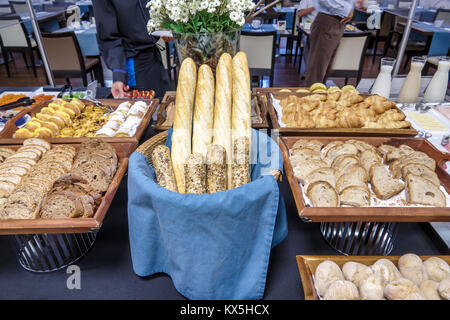 Lisbon Portugal,Oriente,TRYP Lisboa Oriente Hotel,dining room,free included breakfast,buffet,breads,baked goods,trays,baguettes,Hispanic Latin Latino Stock Photo