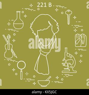 Private detective Sherlock Holmes with variety tools and equipment. The hero of the popular TV series. Design for announcement, print. Stock Vector