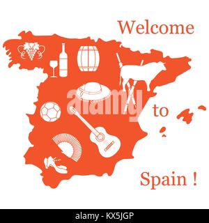 Vector illustration with various symbols of Spain. Travel and leisure. Design for banner, poster or print. Stock Vector