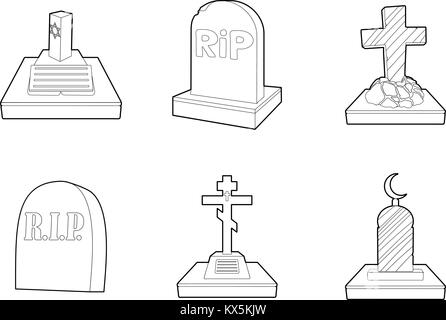 Grave icon set, outline style Stock Vector