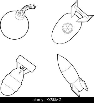Bomb icon set, outline style Stock Vector