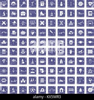 100 kids icons set grunge sapphire Stock Vector