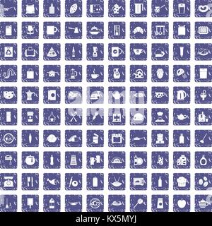 100 kitchen icons set grunge sapphire Stock Vector