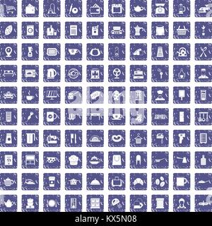 100 kitchen utensils icons set grunge sapphire Stock Vector