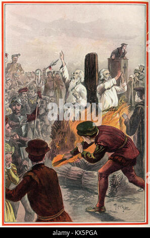 Halftone image of Ridley and Latimer being burned at the stake for heresy on the orders of Mary Queen of England. From an original in Foxe's Book of Martyrs by Berry circa 1912 Stock Photo