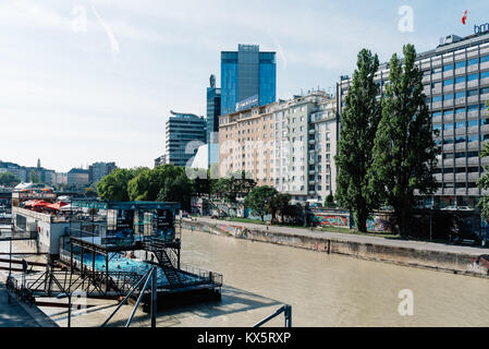 Vienna, Austria - August 17, 2017:  Outdoor pool installed on Danube canal close to the aspern bridge in Vienna Stock Photo