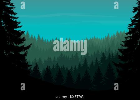 Vector illustration of a coniferous forest with trees under a green blue sky with clouds Stock Vector