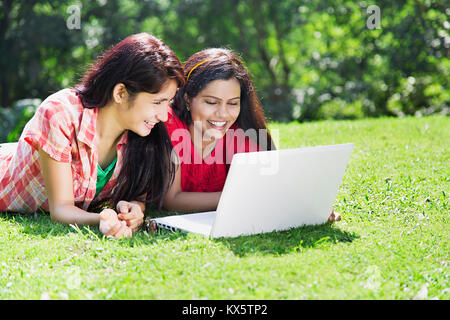 3 Indian College Friends Students Laptop Studying Education Learning Park Stock Photo