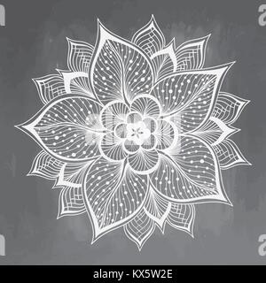 Doodle mandala flower on chalkboard. Outline floral design element. Decorative round flower. Anti-stress therapy pattern on black background. Meditati Stock Vector