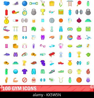 100 gym icons set, cartoon style Stock Vector