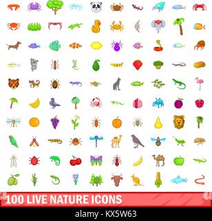 100 live nature icons set, cartoon style Stock Vector