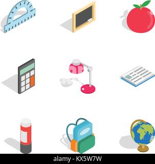 Stationery for study icons, isometric 3d style Stock Vector
