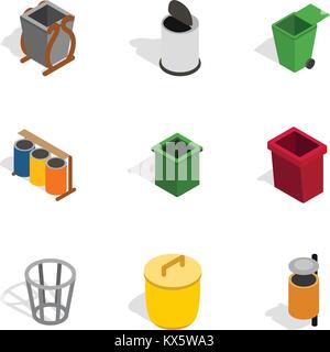 Trash can icons, isometric 3d style Stock Vector