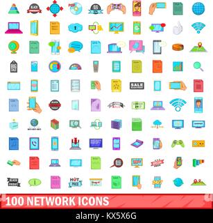 100 network icons set, cartoon style Stock Vector