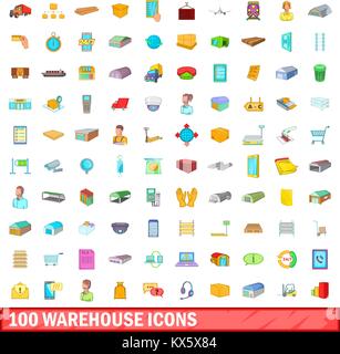 100 warehouse icons set, cartoon style Stock Vector