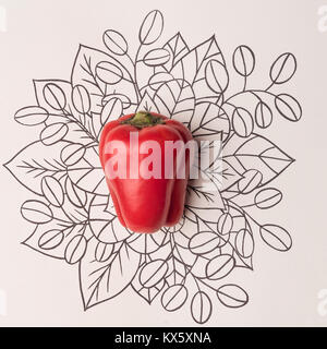 Red bell pepper over outline floral hand drawn background Stock Photo