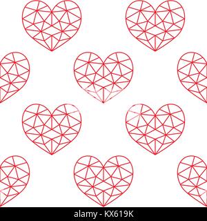 Geometric heart vector seamless pattern, Valentine's Day red hearts on white background Stock Vector
