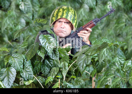 Funny soldier with a machine gun AK 47 sticking out of the green leaves. Crazy man in a helmet of watermelon patrolling with kalashnikov in his hands. Stock Photo