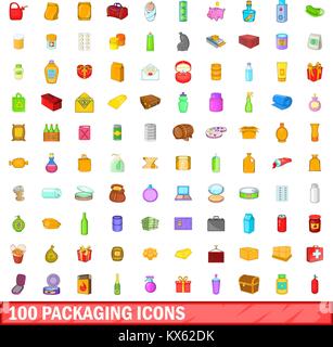 100 packaging icons set, cartoon style Stock Vector