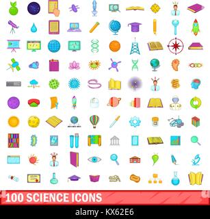 100 science icons set, cartoon style Stock Vector