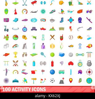 100 activity icons set, cartoon style Stock Vector