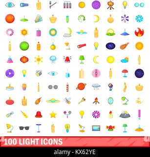 100 light icons set, cartoon style Stock Vector