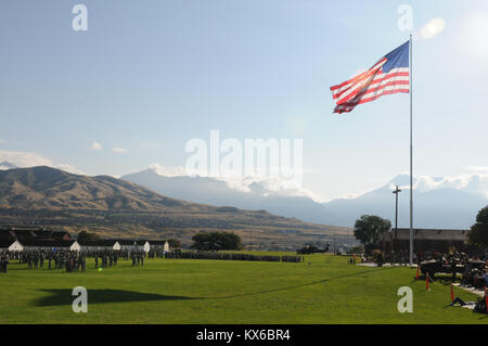 Camp Williams, UT --  On Sep. 17, 2011, Guardsmen gathered on the parade field to pay tribute to the governor of Utah.  The ceremony displays the guard families readiness through the discipline of drill and ceremony and mass numbers. Stock Photo