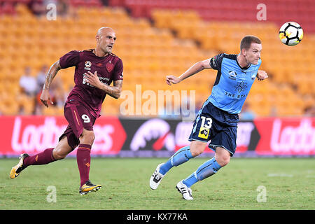 Brisbane, QUEENSLAND, AUSTRALIA. 8th Jan, 2018. Brandon O'Neill of Sydney (13, right) heads the ball during the round fifteen Hyundai A-League match between the Brisbane Roar and Sydney FC at Suncorp Stadium on Monday, January 8, 2018 in Brisbane, Australia. Credit: Albert Perez/ZUMA Wire/Alamy Live News Stock Photo