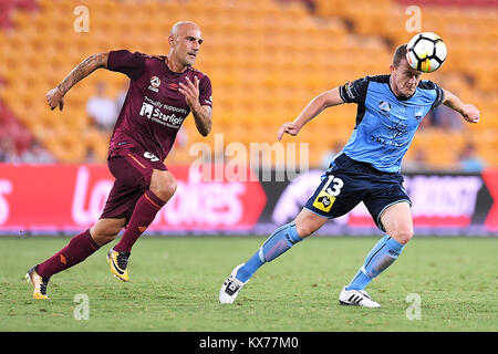 Brisbane, QUEENSLAND, AUSTRALIA. 8th Jan, 2018. Brandon O'Neill of Sydney (13, right) heads the ball during the round fifteen Hyundai A-League match between the Brisbane Roar and Sydney FC at Suncorp Stadium on Monday, January 8, 2018 in Brisbane, Australia. Credit: Albert Perez/ZUMA Wire/Alamy Live News Stock Photo