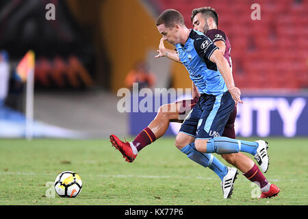 Brisbane, QUEENSLAND, AUSTRALIA. 8th Jan, 2018. Brandon O'Neill of Sydney (13, blue) and Petros Skapetis of the Roar (33) compete for the ball during the round fifteen Hyundai A-League match between the Brisbane Roar and Sydney FC at Suncorp Stadium on Monday, January 8, 2018 in Brisbane, Australia. Credit: Albert Perez/ZUMA Wire/Alamy Live News Stock Photo