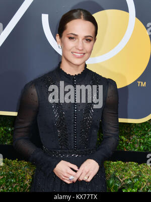 Los Angeles, USA. 07th Jan, 2018. Alicia Vikander 208 poses in the press room during the 75th Annual Golden Globe Awards at The Beverly Hilton Hotel on January 7, 2017 in Beverly Hills, California Credit: Tsuni/USA/Alamy Live News Stock Photo