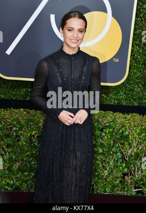 Los Angeles, USA. 07th Jan, 2018. Alicia Vikander 208 poses in the press room during the 75th Annual Golden Globe Awards at The Beverly Hilton Hotel on January 7, 2017 in Beverly Hills, California Credit: Tsuni/USA/Alamy Live News Stock Photo