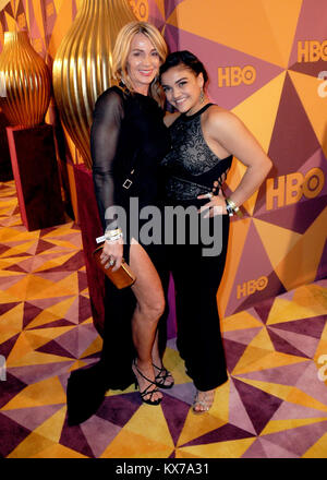 Beverly Hills, California, USA. 7th Jan, 2018. BEVERLY HILLS, CA - JANUARY 07:(L-R) Gymnasts Nadia Comaneci and Laurie Hernandez attend HBO's Official Golden Globes Awards After Party at Circa 55 Restaurant at The Beverly Hilton Hotel on January 7, 2018 in Beverly Hills, California. Photo by Barry King/Alamy Live News Stock Photo