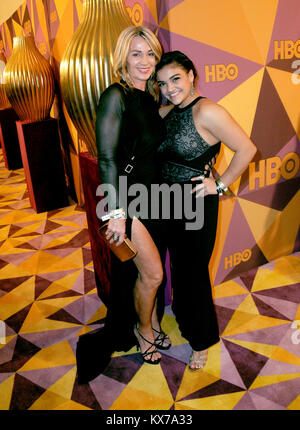 Beverly Hills, California, USA. 7th Jan, 2018. BEVERLY HILLS, CA - JANUARY 07:(L-R) Gymnasts Nadia Comaneci and Laurie Hernandez attend HBO's Official Golden Globes Awards After Party at Circa 55 Restaurant at The Beverly Hilton Hotel on January 7, 2018 in Beverly Hills, California. Photo by Barry King/Alamy Live News Stock Photo