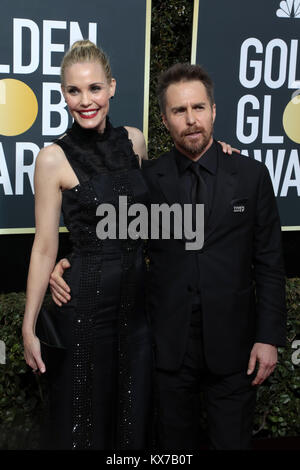 Beverly Hills, California, USA. 7th Jan, 2018. Leslie Bibb and Sam Rockwell arrives for the 75th Annual Golden Globe Awards at Beverly Hilton Hotel in Beverly Hills, California on January 7, 2018. Credit: Mpi2006/Media Punch/Alamy Live News Stock Photo