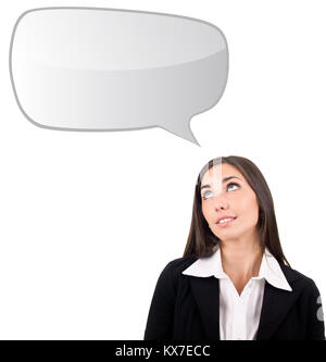 businesswoman thinking,  blank thought bubbles overhead, isolated on white Stock Photo
