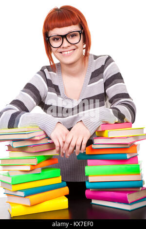 smiling student girl with color books, isolated on white background ...