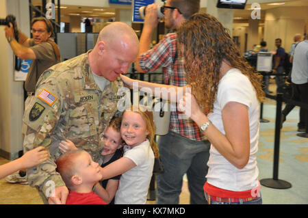 Eighteen members of the 65th Field Artillery Brigade returned from a 12-month deployment to Afghanistan where they served as Security Forces Advise and Assist Team members. Stock Photo