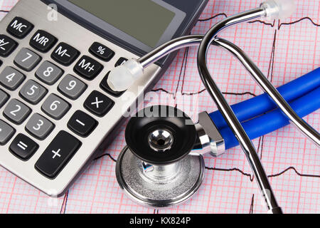 Close up of a Electrocardiograph also known as a EKG or ECG graph with a stethoscope and calculator showing the high cost of health care Stock Photo