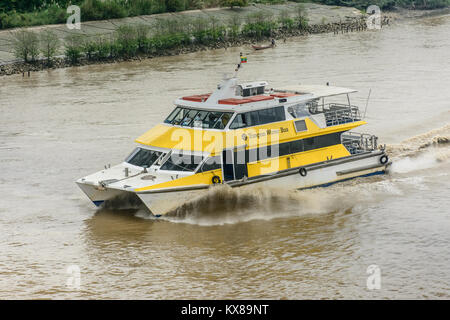 Yangon water bus, or water taxi in Hlaing river. Public transportation in Myanmar, Jan-2018 Stock Photo