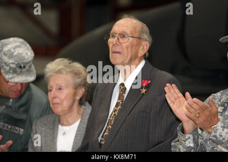 Richard Johnson, a World War II veteran who served in the European Theater of Operations as an infantry machine gunner, officially recieved the Bronze Star Medal he earned during WWII in a ceremony at the E. J. Garn Aviation Complex in West Jordan Nov. 19, 2010. Stock Photo