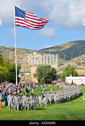 Camp Williams, UT --  On Sep. 17, 2011, Guardsmen gathered on the parade field to pay tribute to the governor of Utah.  The ceremony displays the guard families readiness through the discipline of drill and ceremony and mass numbers. Stock Photo