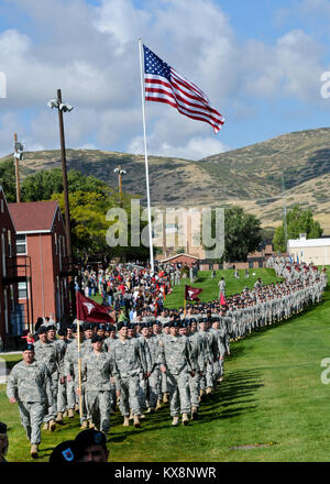 Camp Williams, UT --  On Sep. 17, 2011, Guardsmen gathered on the parade field to pay tribute to the governor of Utah.  The ceremony displays the guard families readiness through the discipline of drill and ceremony and mass numbers. Stock Photo