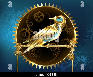 Mechanical, golden bird with brass gears on a turquoise background. Steampunk style. Stock Vector