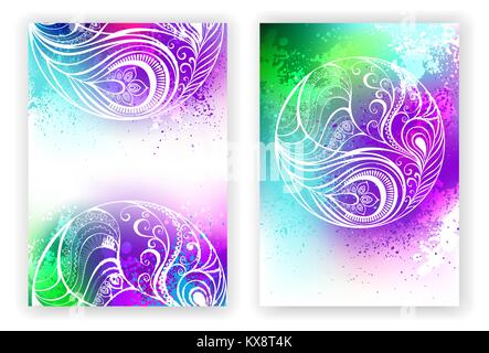 Bright design with a white outline abstract pattern on a painted multicolored watercolor paint background. Abstract drawing. Boho style. Stock Vector