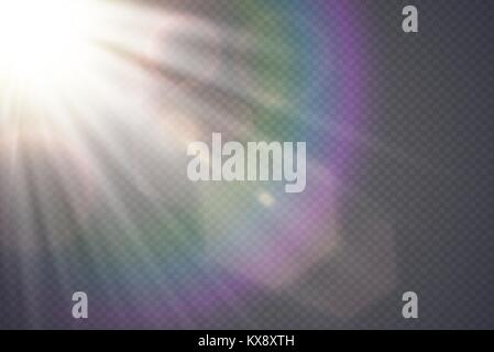 Vector transparent sunlight special lens flare. Abstract diagonal sun translucent light effect design. Isolated transparent background. Glow decor ele Stock Vector