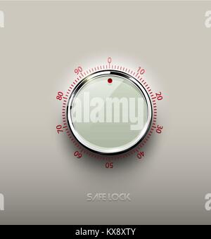 Realistic glass white combination safe lock volume element with chrome metal ring on textured plastic light background. Red glossy round scale. Vector Stock Vector